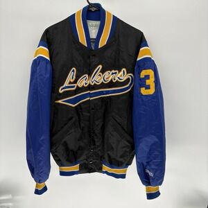 Vintage 80s Delong Lakers Varsity Bomber Jacket Button Snap Quilted Retro USA L